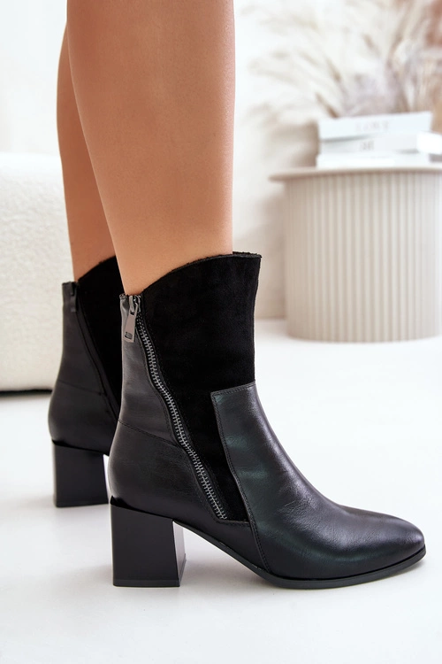 Ocieplane Botki Damskie Na Obcasie Słupku Czarne Relabina