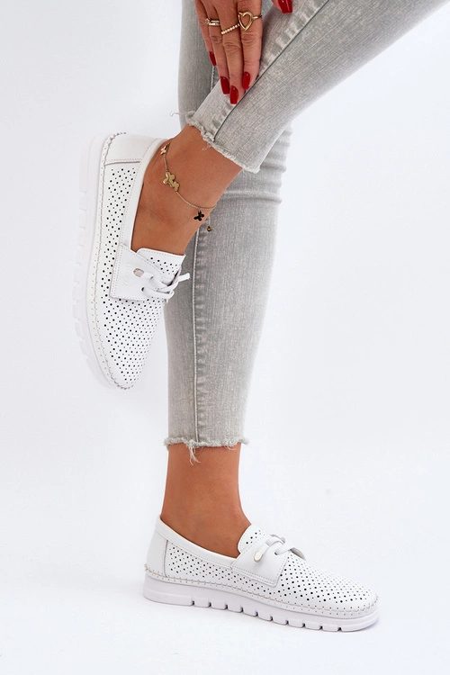 Skórzane Półbuty Damskie Ażurowe Białe Darnissa