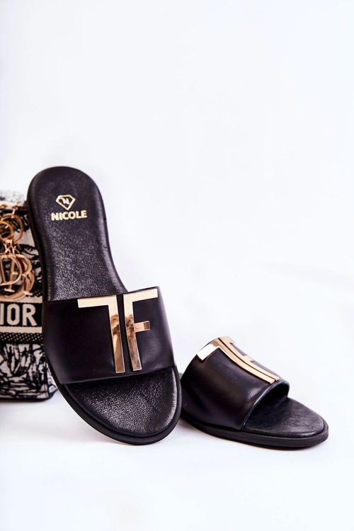 Damskie Klasyczne Skórzane Klapki Czarne Adele