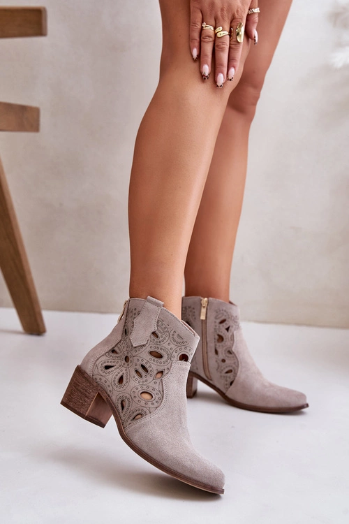 Ażurowe Botki Zamszowe Lewski Shoes 3170/2 Cappucino