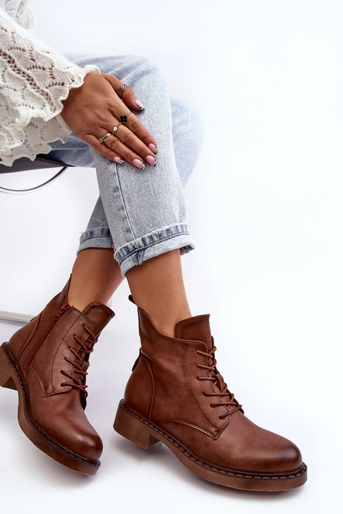 Klasyczne Damskie Botki Na Płaskim Obcasie Brązowe Ballisa