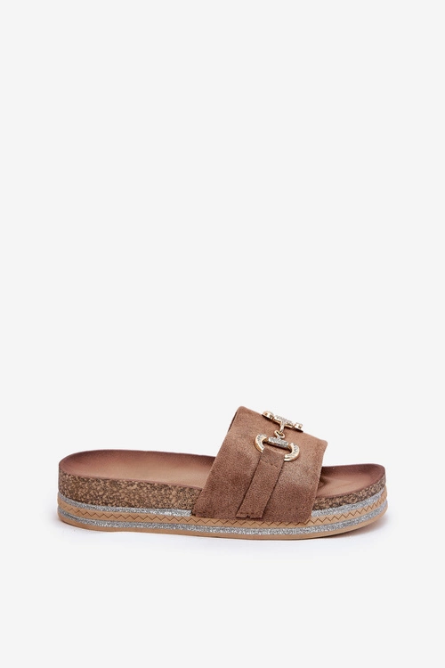 Klapki Damskie Na Platformie Ze Złotą Ozdobą I Brokatem Khaki Morisela