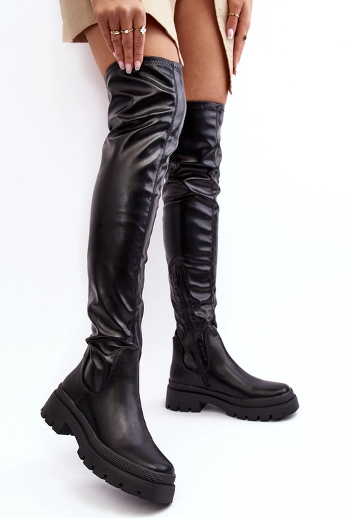 Skórzane Płaskie Kozaki Za Kolano Czarne Lilien