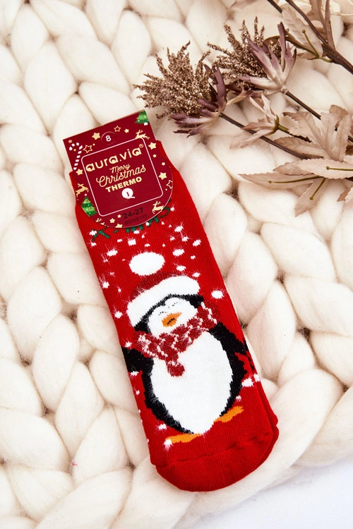Dziecięce Świąteczne Bawełniane Skarpety Termoaktywne Pingwin Czerwone