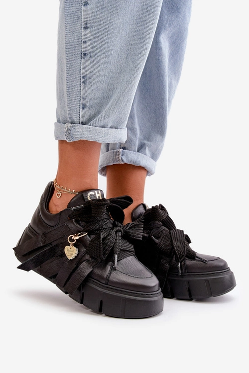Sneakersy Skórzane Damskie Na Platformie Czarne CheBello 4568