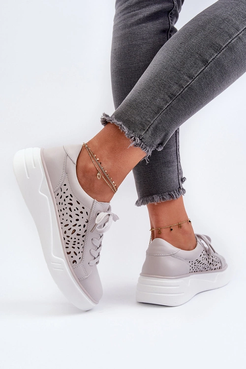 Ażurowe Sneakersy Damskie Na Platformie Skórzane Szare Peilaeno