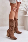 Ażurowe Kozaki Do Połowy Łydki Na Słupku Zamszowe Lewski 3609 Brązowe