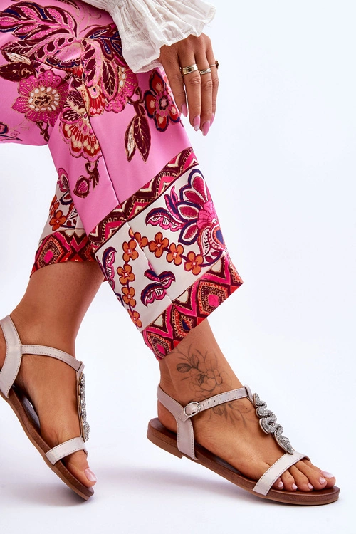 Skórzane Sandały Z Ozdobnym Wężem S.Barski KV-5541-42 Beżowe