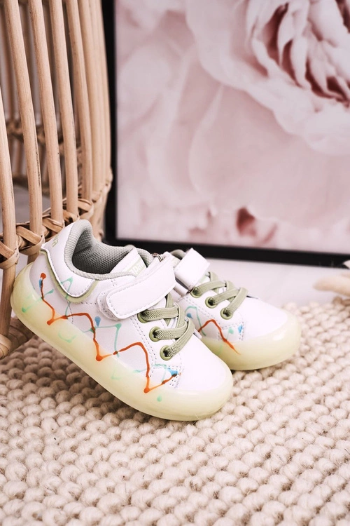 Dziecięce Sportowe Buty Ze Świecącą Podeszwą LED Biało-Zielone Disco