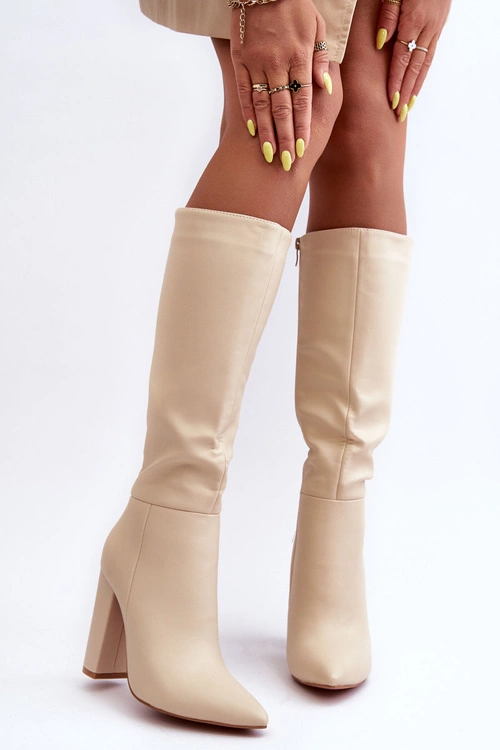 Eleganckie Kozaki Na Obcasie Skórzane Beżowe Eudonice