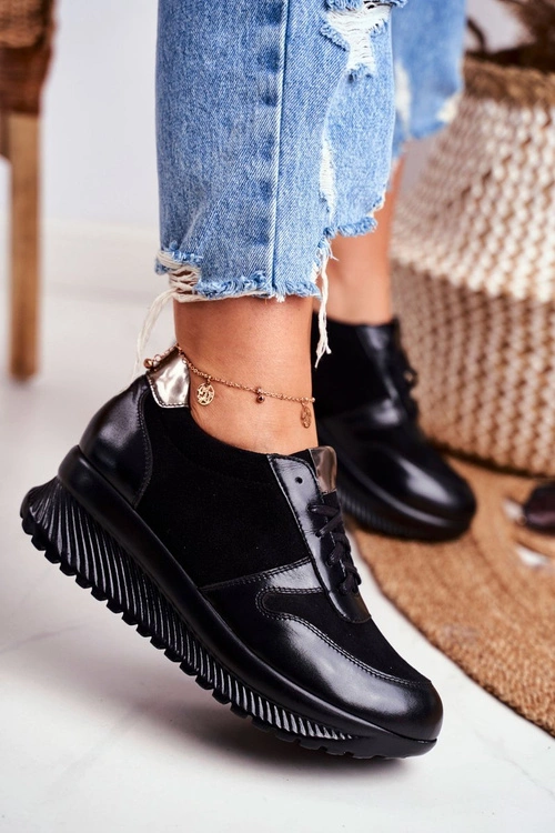 Obuwie Sportowe Damskie Skórzane Czarne Gianna