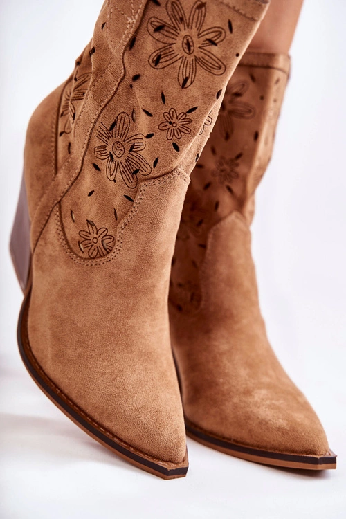Modne Zamszowe Botki Kowbojki W Kwiaty Camel Coralie