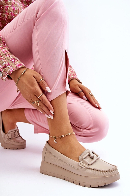 Zazoo 10141 Skórzane Mokasyny Na Platformie Z Ozdobą Beżowe