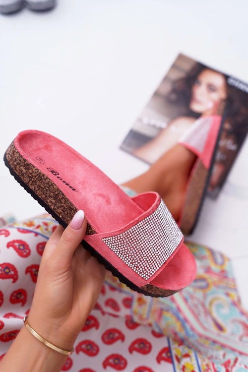 Damskie Klapki Na Korku Z Kryształkami Koralowe Do It!