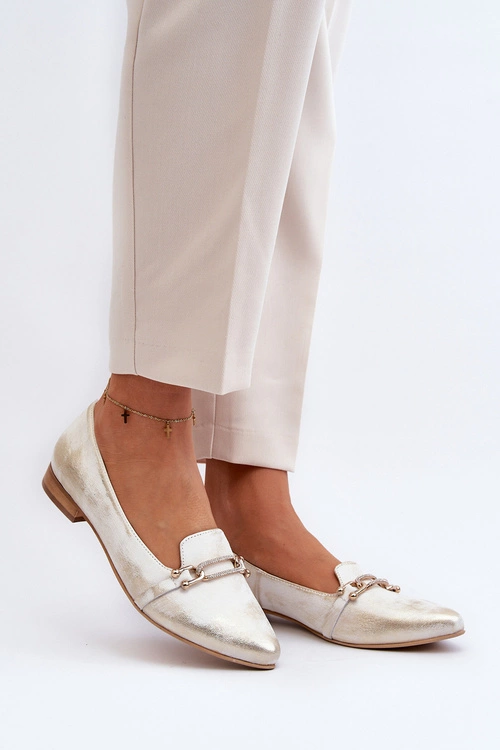 Zazoo 2885 Skórzane Baleriny Z Ozdobą Złoto-Białe