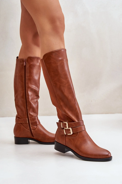 Kozaki Damskie Przed Kolano Na Płaskim Obcasie Z Klamrami Camel Lotina