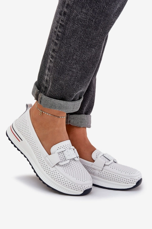 Damskie Skórzane Mokasyny Na Platformie S.Barski LR51-556 Białe