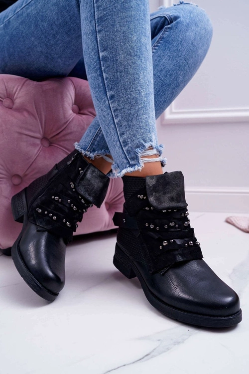 Damskie Botki Płaski Obcas Ciepłe Czarne Debra