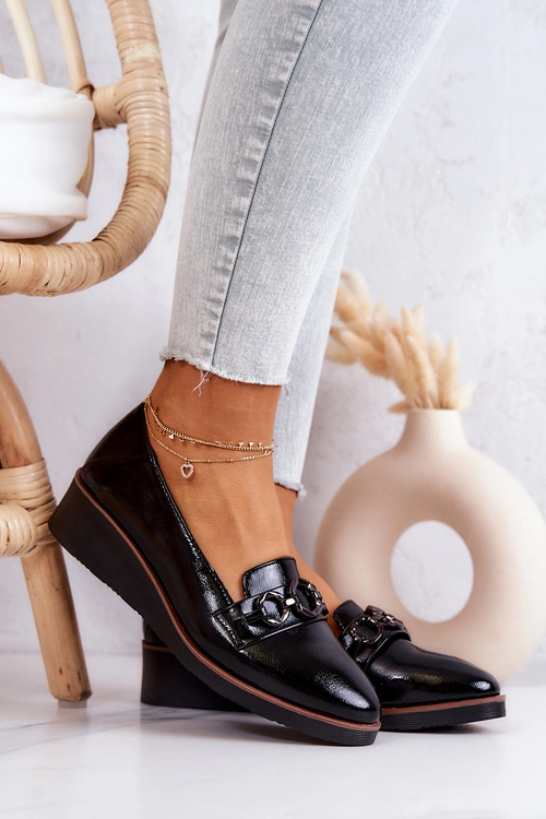 Lakierowane Skórzane Półbuty Na Koturnie Czarne Melodie
