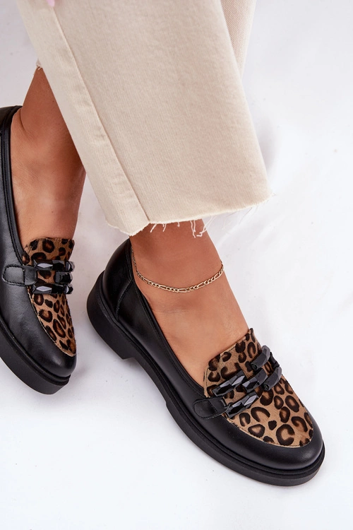 Skórzane Mokasyny Z Ozdobą I Panterką Laura Messi 2965 Czarne