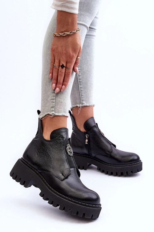 Damskie Skórzane Botki Z Ozdobą Czarne Lemar Lusanna