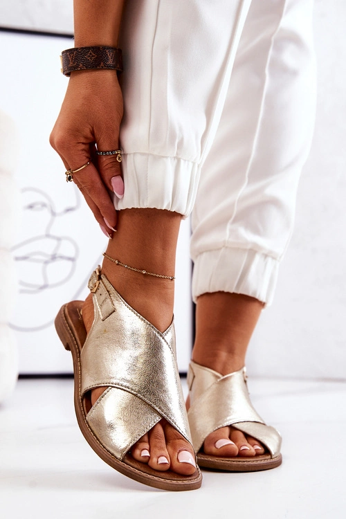 Skórzane Sandały Lewski 3019 Złote