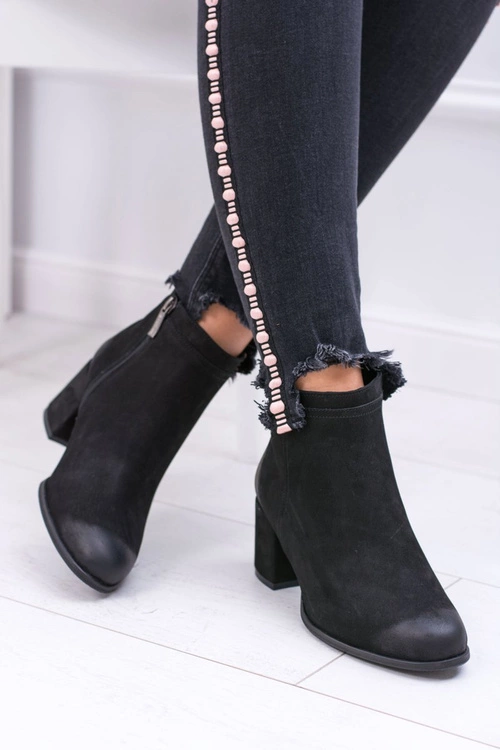 Damskie Czarne Skórzane Botki Na Słupku Nicole