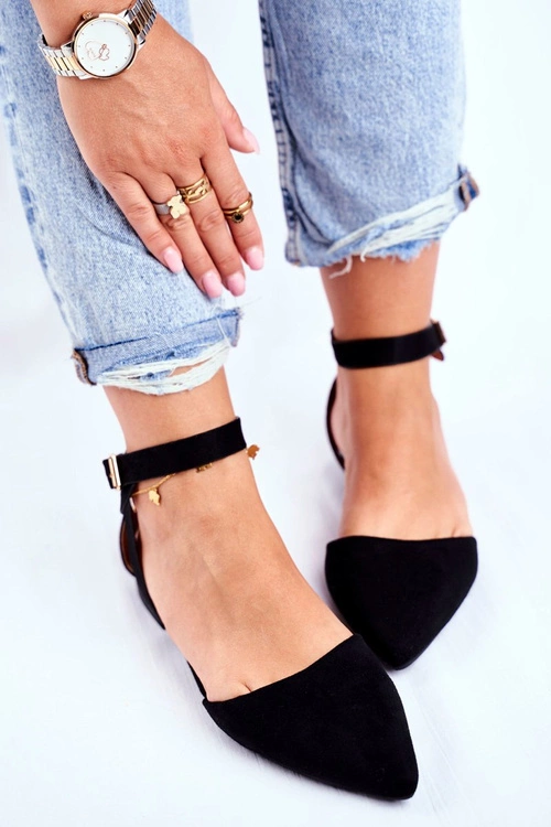 Baleriny Damskie Płaskie Czarne Na Pasek W Szpic Allison