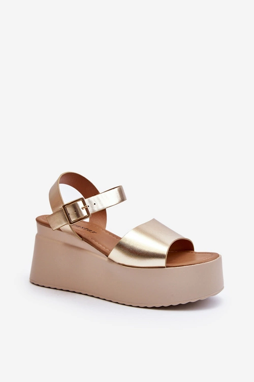 Damskie Sandały Na Koturnie Złote Geferia