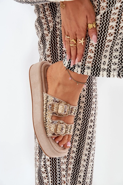 Klapki Damskie Na Platformie Z Klamrami I Plecionką Khaki Limme