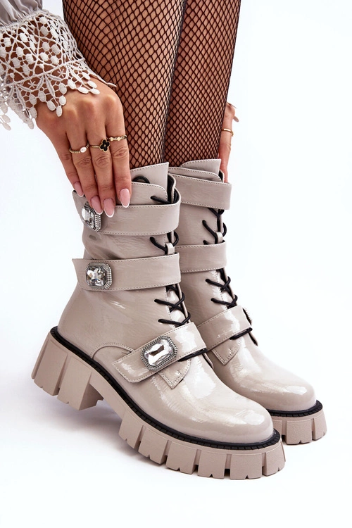 Workery Botki Damskie Lakierowane Jasnoszare S.Barski MR870-61