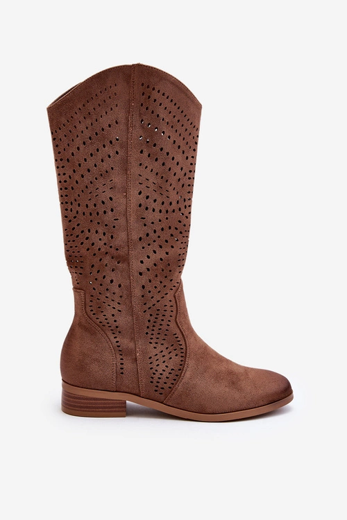 Ażurowe Kozaki Do Połowy Łydki Brązowe Kleorelia