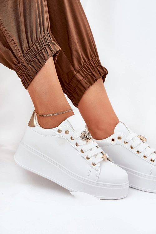 Sneakersy Damskie Na Platformie Z Przypinkami Białe Ilanina