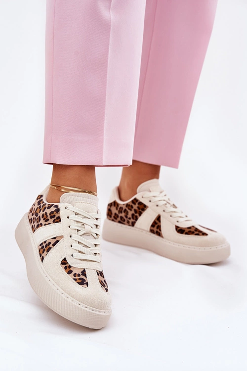 Sneakersy Damskie Z Panterką Na Platformie Beżowe Nativira