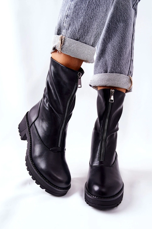 Skórzane Botki Na Obcasie Czarne Challonte