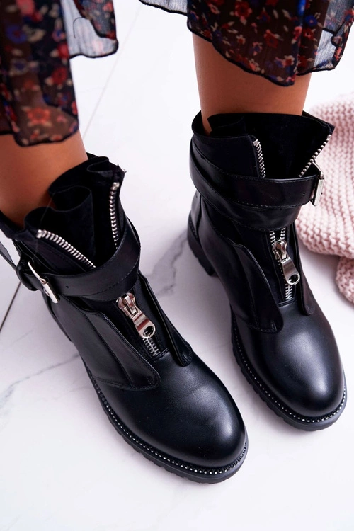 Botki Damskie Płaski Obcas Militarne Czarne Travist