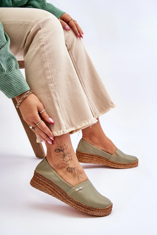 Damskie Skórzane Espadryle Na Koturnie Zielone Lemar Hadlee