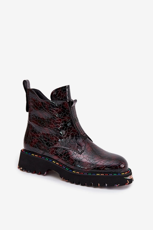 Lakierowane Botki Damskie Z Naturalnej Skóry Ocieplane Artiker 57C0165 Bordowe