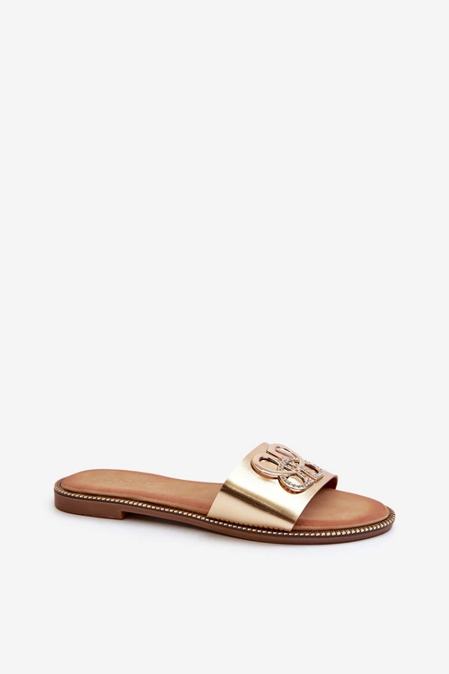 Klapki Damskie Z Ozdobą Eko Skórzane Na Płaskim Obcasie Złote Sadria