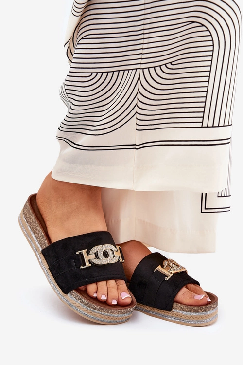 Klapki Damskie Ze Złotym Detalem Na Platformie Z Brokatem Czarne Eanes