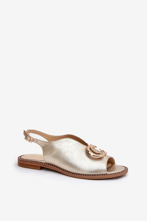 Skórzane Sandały Na Płaskim Obcasie Z Ozdobą Laura Messi 2865 Złote