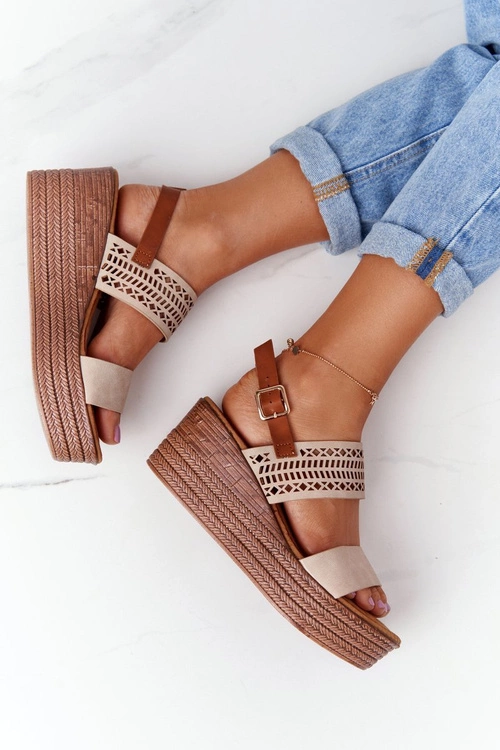 Ażurowe Sandały Na Koturnie S.Barski GD-47 Beżowe