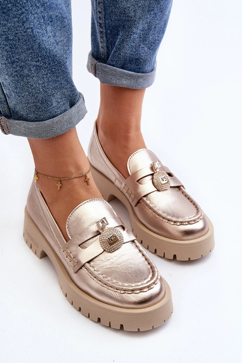 Skórzane Półbuty Mokasyny Z Ozdobą CheBello 4291 Złote