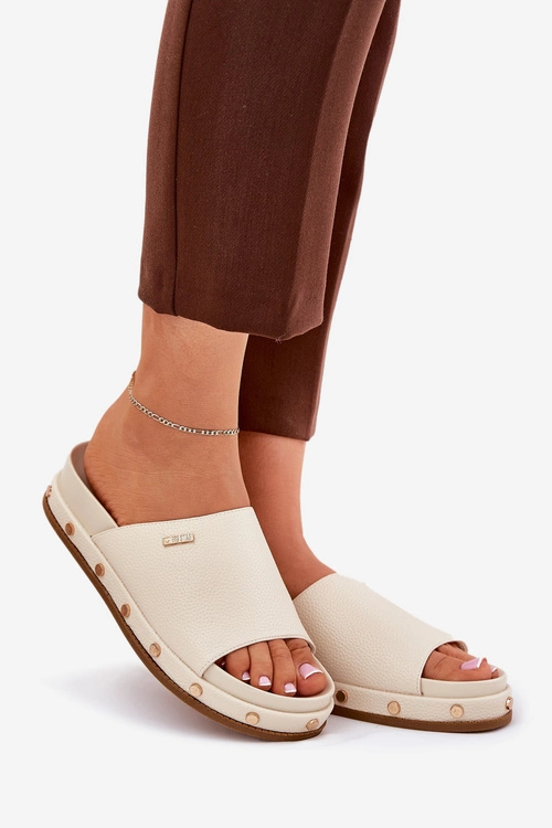 Klapki Damskie Na Platformie Z Ćwiekami Big Star RR274215 Beżowe