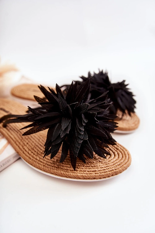 Damskie Klapki Japonki Z Materiałową Ozdobą Czarne Eviana