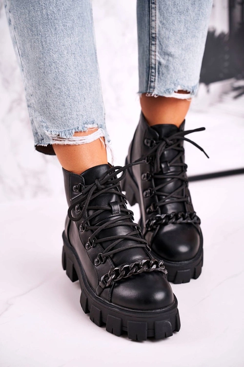 Damskie Botki Workery Na Platformie Czarne Chain