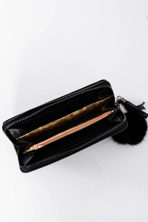 Damski Duży Portfel Ozdobny Zamek Brelok Pompon Czarny