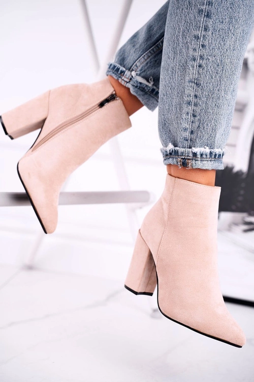 Botki Damskie na Słupku Zamszowe Beżowe Sharks