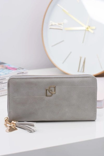 Damski Szary Duży Portfel z Frędzlem Brelok