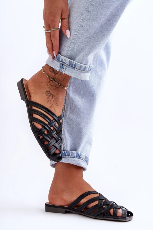 Skórzane Damskie Klapki Z Paskami Czarne Doralia